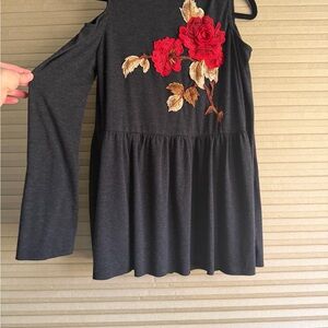 Dark Grey Tunic with Red Floral Embroidery